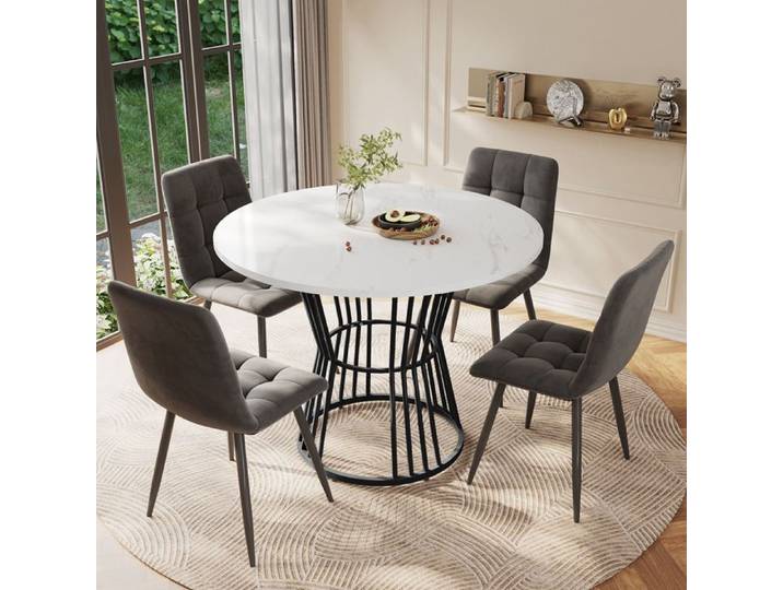 Table de Cuisine - Marbre Moderne - Pied Métal - Diamètre 100cm - Noir