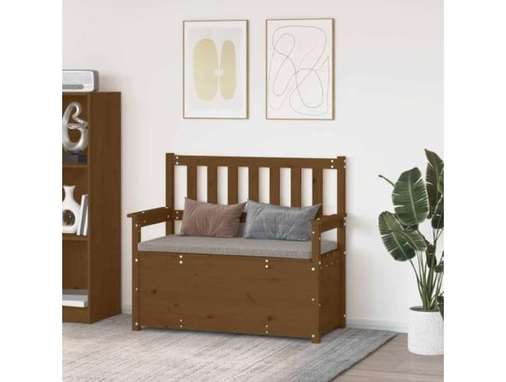 Sitzbank Honigbraun 112,5x51,5x96,5 cm Massivholz Kiefer mit Stauraum Kiefernholz, Kastenbank, Stauraum, Rückenlehne, Armlehnen, 110 kg Belastbarkeit pro Sitzplatz