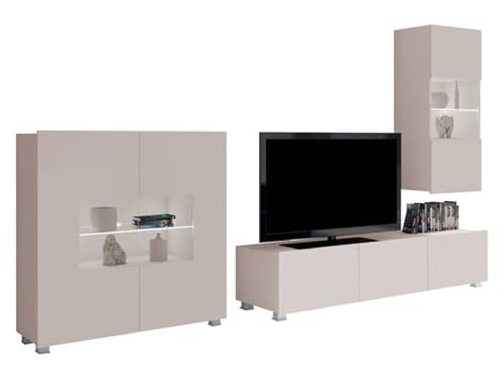 Mirjan24 Moderne Wohnwand Calabrini VII mit Kommode, Anbauwand, Mediawand, TV Lowboard, Hängevitrine, Wohnzimmerschrank, Fernsehschrank (mit weißer LED Beleuchtung, Cashmere)