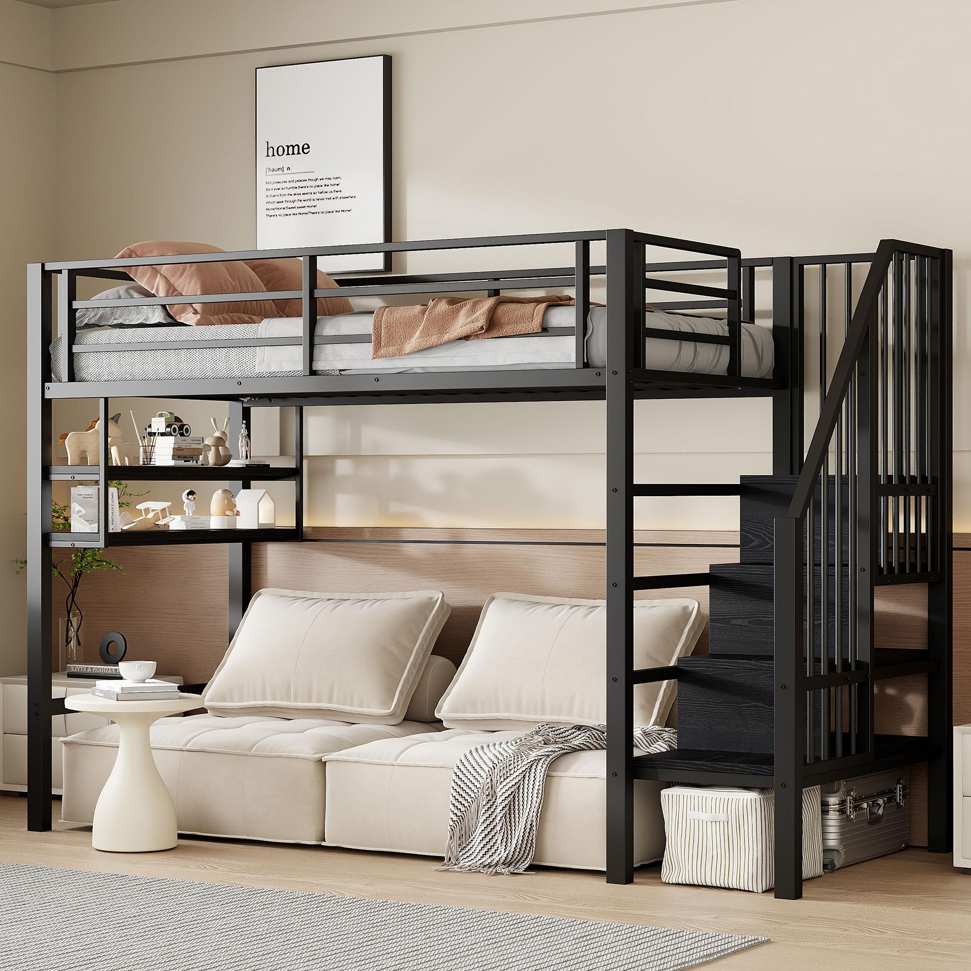 Hochbett, 90*200cm , Einlegeböden, Stauraumleiter, Freiraum unter dem Bett zum Verkleiden, Geländer, ohne Matratze, Schwarz