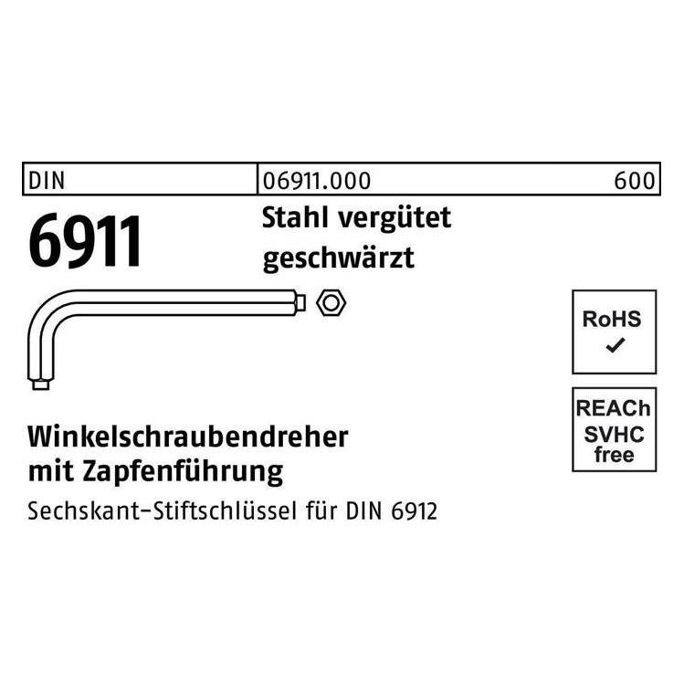 Winkelschraubendreher DIN 6911 6-kant m.Zapfen SW 8 M 10 Stahl vergütet geschwärzt (6-Kant) (069110009080000)