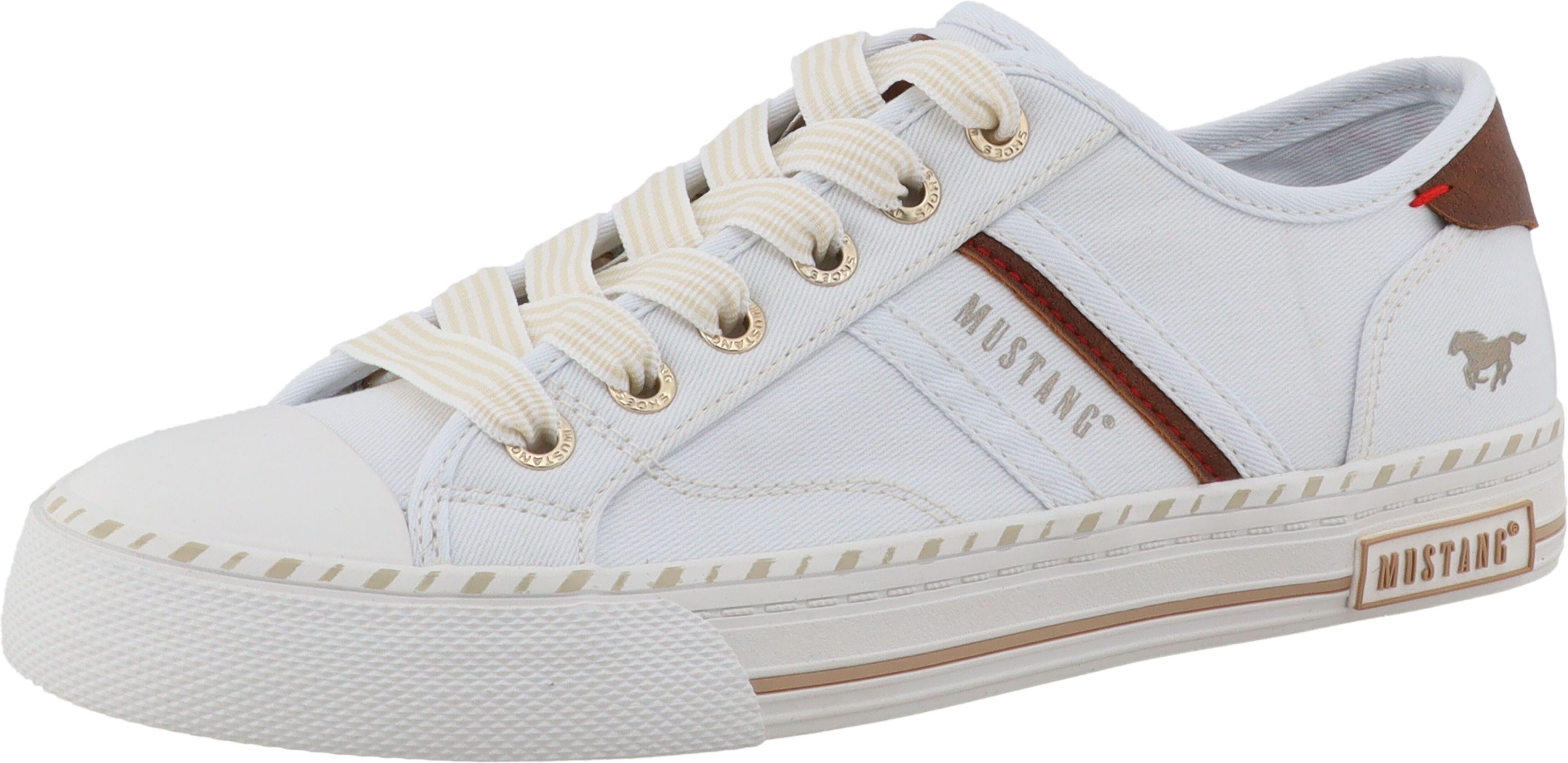 Slip-On Sneaker MUSTANG SHOES "Magdalena", Damen, Gr. 36, weiß, Baumwolle, Schuhe Slip-On Sneaker, Slipper, Halbschuh mit Kontrastbesatz und Logoschriftzügen weiß 36