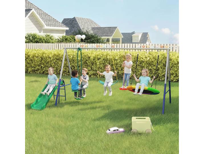 AIYAPLAY Portique 5-en-1 avec Toboggan et Balançoire-Nid
