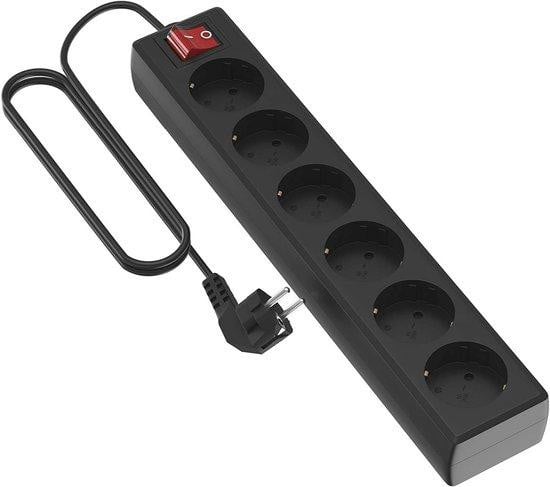 Meervoudig stopcontact met 6 stopcontacten, schakelaar en kinderbeveiliging, 5 meter kabel, zwart
