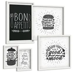 BILDER SET 5er Set - 50x50 cm & 20x30 cm & 40x60 cm Weißer Rahmen - Grafiken, Lebensmittel, kulinarische Slogans