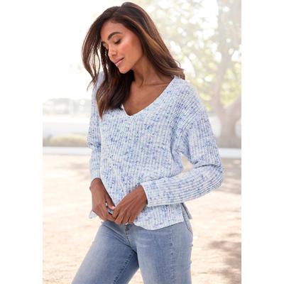 V-Ausschnitt-Pullover BUFFALO "aus kuschelig weichem Chenillegarn", Damen, Gr. 36/38, weiß (blau, creme), Strick, Obermaterial: 100% Polyester, meliert, figurumspielend hüftlang, tiefer V-Ausschnitt, Strickbündchen, Pullover, kuschelig weicher...