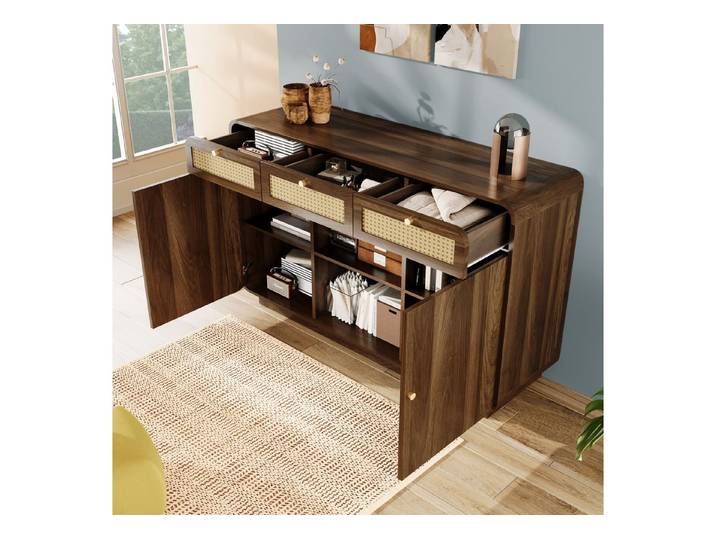 HAUSS SPOLE Sideboard mit Schubladen,Beistellschrank Aufwahrungsschrank mit offenes Regal (Kommode, Buffetschrank, 1 St., 3 Schubladen + 2 Schränke + offenes Regal), mit Rattan, Goldgriffen, höhenverstellbare Einlegeböden