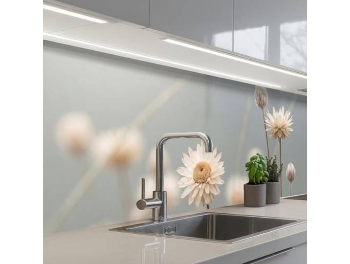 KitchenYeah© Rückwand Küche Rückwandschutz Selbstklebend Spritzschutz 60x250 cm - Küchenrückwand Küchenfront Küchen Selbstklebende Küchenrückwände Strohblumen - Weiß - Tageslicht