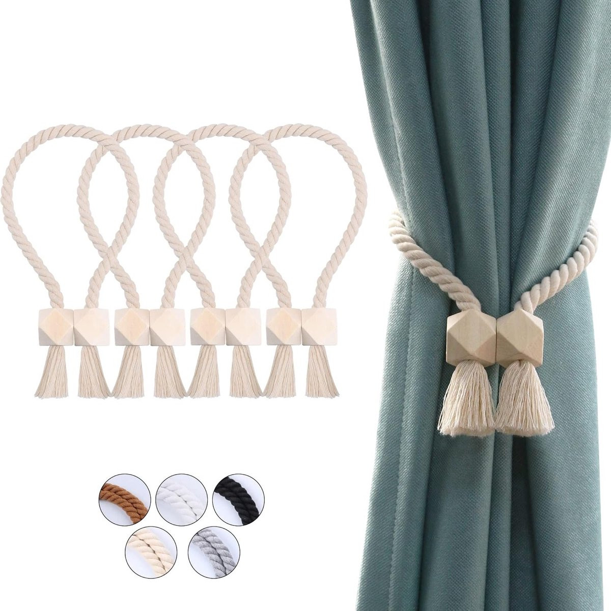 Set van 4 beige katoenen magnetische gordijnhouders met houten kralen