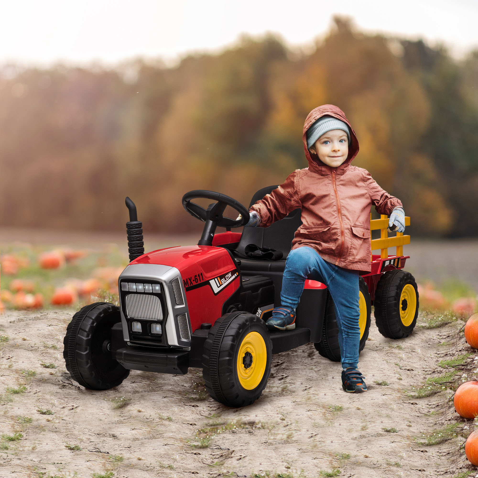 Homcom Trattore Elettrico per Bambini 3-6 Anni con Rimorchio Rimovibile, Batteria 12V e Telecomando, Rosso Aosom