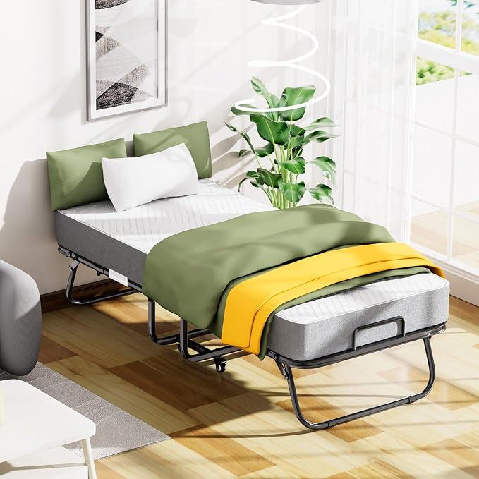 Klappbett 200x90 cm mit 13cm Matratze für Erwachsene, stabiles tragbares Klappbett auf Rollen mit Aufbewahrungsbezug, zusätzliches klappbares Gästebett, Rollbett mit Mentalrahmen, Kinderbett