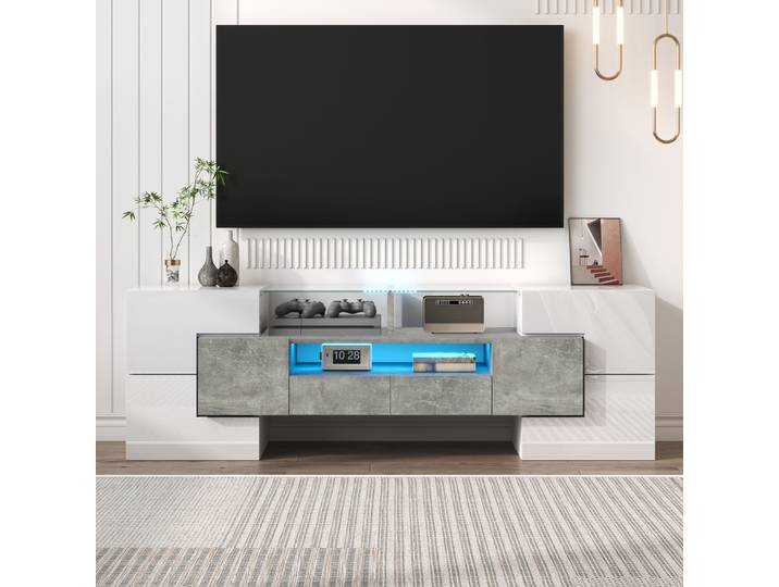 Meuble TV PINGGO blanc brillant 145 cm avec éclairage LED, design moderne, élégant meuble bas en verre pour salon