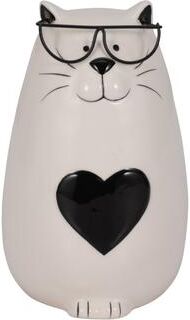 "Sagebrook Home White/Black Ceramic 6"" Heart Tummy Kitty Figurine with Glasses - 4"" x 4"" x 6"""