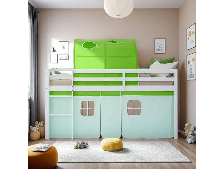 Homestyle4u Hochbett Kinder 90x200 mit Vorhang & Tunnel Massivholz