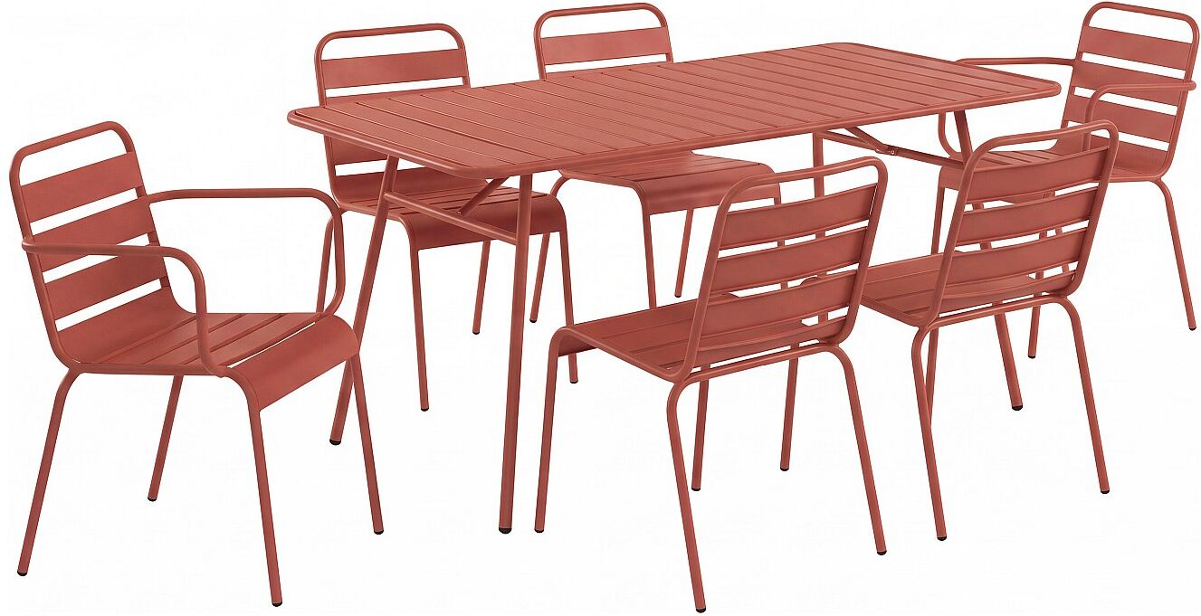 Vente-unique Garten-Essgruppe: Tisch D. 160 cm + 2 stapelbare Sessel + 4 stapelbare Stühle - Metall -  Terracotta - MIRMANDE von MYLIA