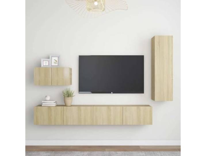 HEFZGDB 4-TLG. TV-Schrank-Set Sonoma-Eiche Holzwerkstoff mit Wandmontage und viel Stauraum für Organisation, praktische Aufbewahrung und einfache Reinigung, Zeitloses Design für Ihr