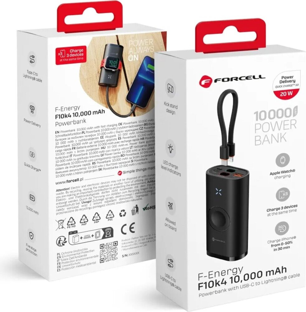 Forcell F-Energy F10K4 Powerbank, 10000 mAh, PD, QC3.0, 22,5W, zwart