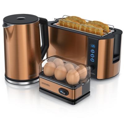 Arendo Frühstücks-Set, 4-Scheiben Langschlitztoaster, Wasserkocher 2200W, 6er Eierkocher, Kupfer