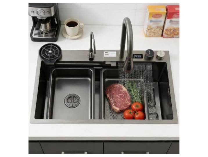 KOOGIMDDR 85x45cm Multifunktionale Küchenspüle Aus Edelstahl – Einzelbecken Mit Wasserfall-Nanobeschichtung Und 3-in-1-Ausziehhahn, Tiefes Becken Mit Schneidebrett, Tassenspüle
