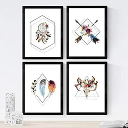POSTER Set mit 4 Geometrische und bömische Formen A3 Schwarzer Rahmen
