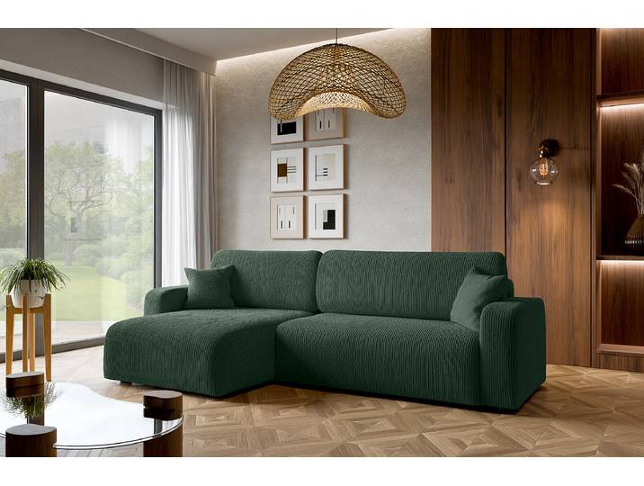 Ecksofa mit Schlaffunktion Typ A Grün Cordstoff Poppy 272cm Longchair beidseitig montierbar mit Schlaffunktion Modern
