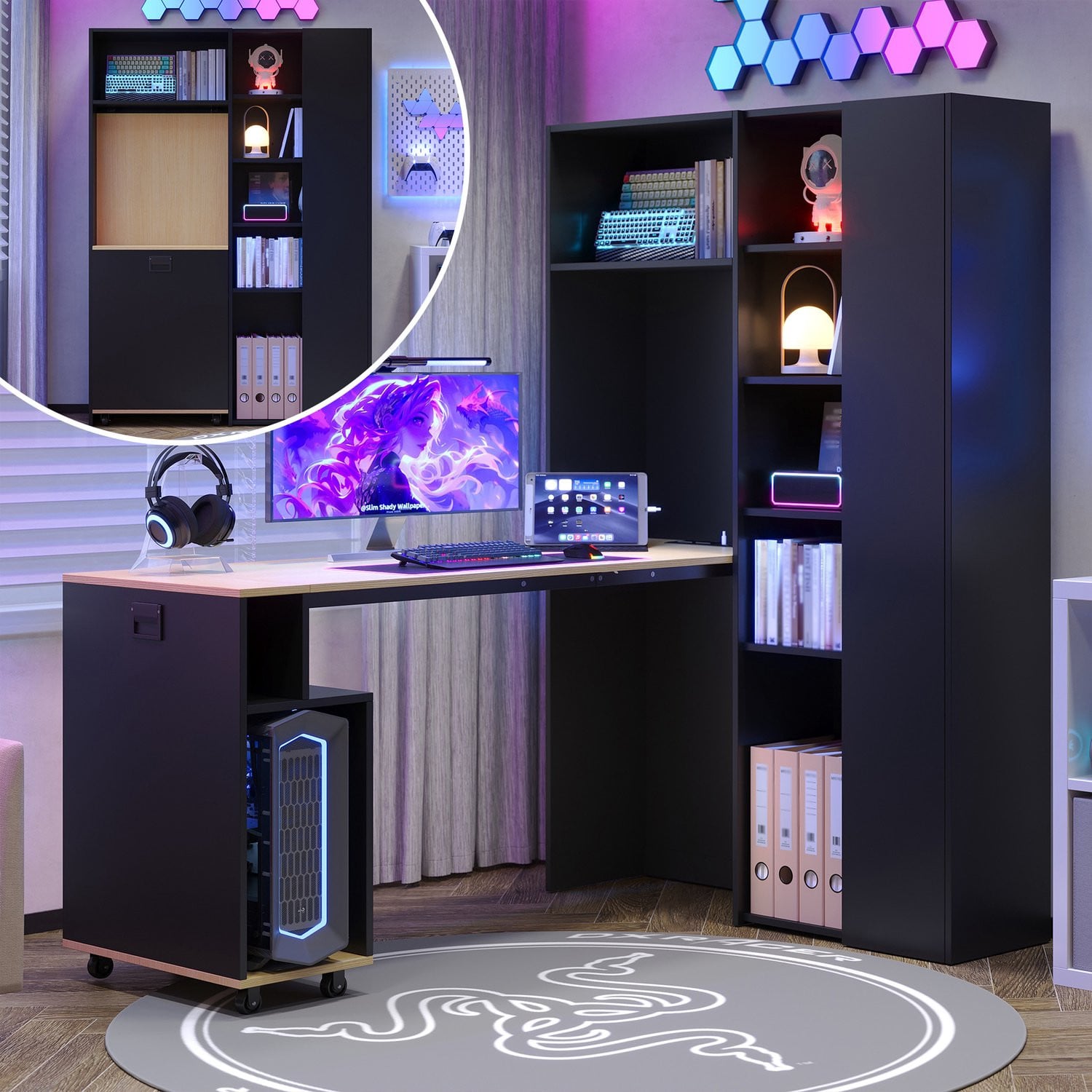 Clruro Inklapbaar Bureau met Boekenkast, Stopcontact en USB, MDF, B/D/H: 104,5 x 30,5 x 160 cm