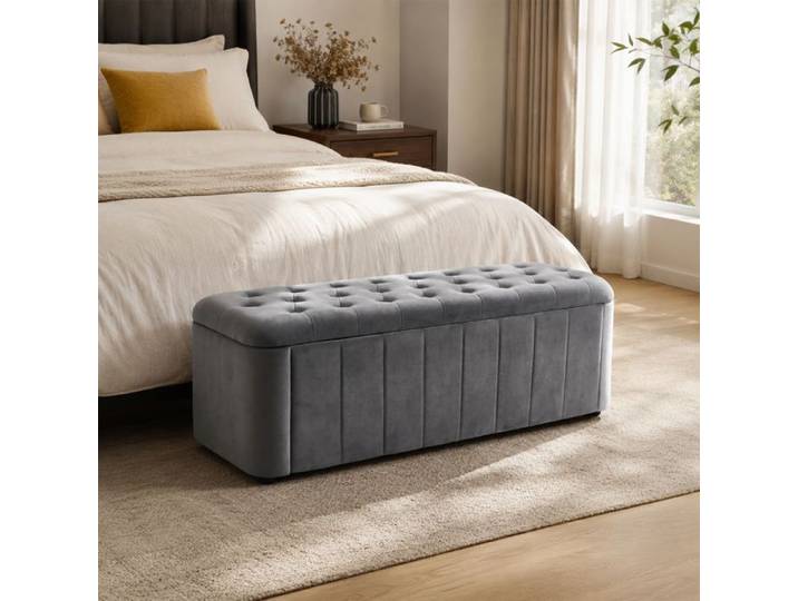 Banc de rangement - ZEVKOR - Banquette coffre 132 x 47 5 cm - Velours gris foncé - Coins arrondis - Charge 130 kg