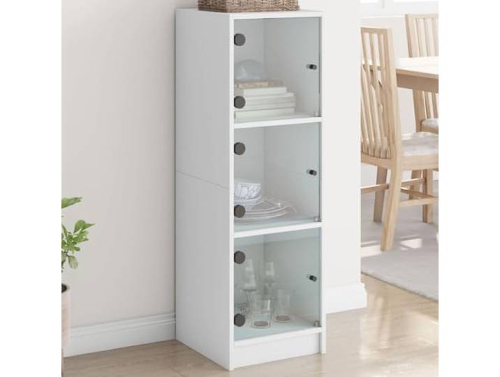Modernes Highboard mit Stauraum und Glastüren aus Holzwerkstoff, Elegantes Weißes Highboard mit Glastüren zur Aufbewahrung, 35x37x109 cm