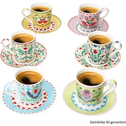 Spring Folk 6er Set Espressotassen 80ml mit Untertassen Porzellan bunt Folk