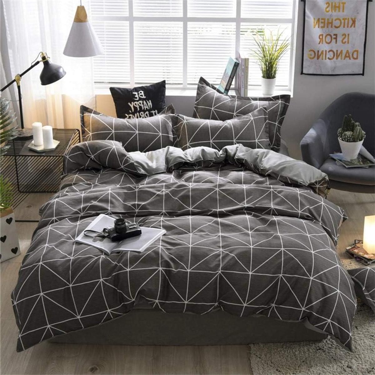 4-delig beddengoedset van zachte microvezel in donkergrijs, 150 x 200 cm