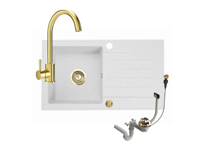 Faizee Möbel Granitspüle Alisha mit Armatur Genial Gold & Siphon-Set Gold Weiß Genial Gold, Rechteck, 75/45 cm