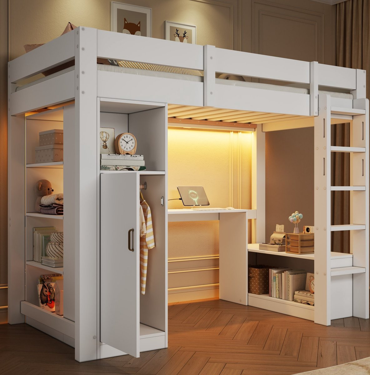 REDOM Hoogslaper met bureau, kast en LED-verlichting in wit - Hout en MDF - B/D/H: 205 x 105 x 175 cm