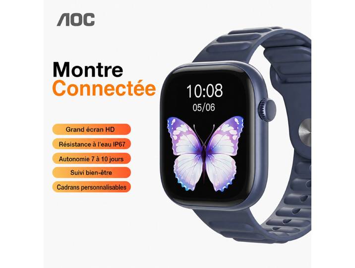 AOC T7 Montre connectée, Grand écran de 1,83 pouces, Suivi de la fréquence cardiaque, de l'oxygène sanguin et du sommeil, Bluetooth 5.3, Résistance à l'eau IP67, Charge rapide magnétique, Multiples modes d'exercice, Cadran de montre personnalisable