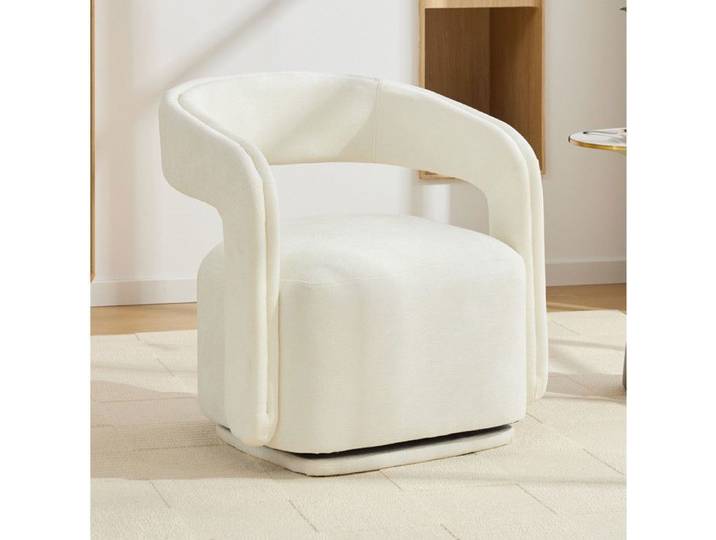 MEULVA Fauteuil pivotant 360° design barrel chair chenille blanc assise rembourrée structure en bois