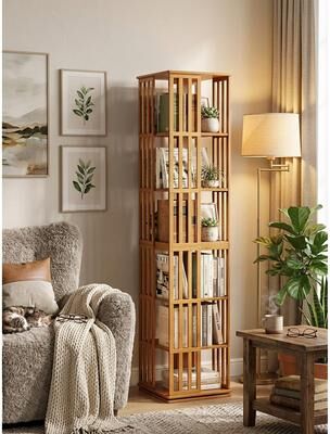 Rotating Bookshelf Tower, 360° Display Spinning Bookcase, 6 Tier Bamboo Bookshelf Floor Standing Storage Rack