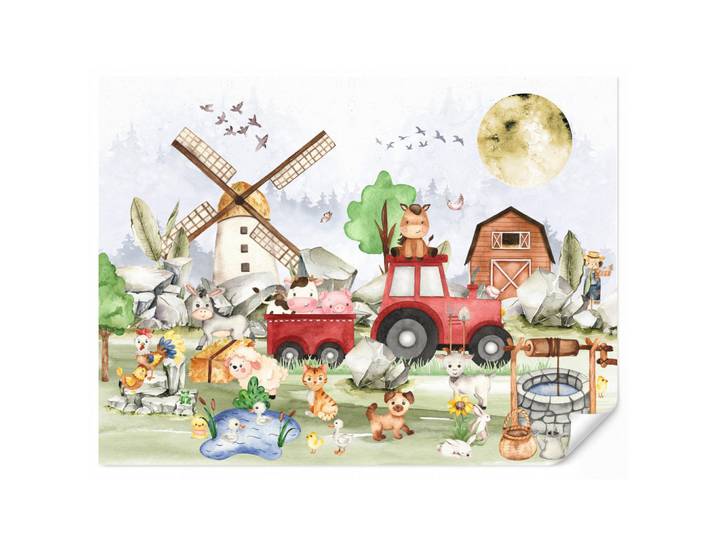 OnlyWow Kindertapete - Bauernhof - Traktor - Kinder - Tiere - 280x200 cm, Weiß, Papier, Rechteckig, 280x200 cm, Tapeten & Wandverkleidungen, Vliestapeten