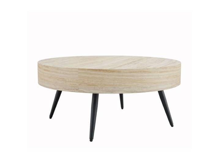 Vexelus Runder Couchtisch Ø70 cm Heller Travertin‑Optik MDF‑Platte, Schwarze Metallbeine, minimalistisch