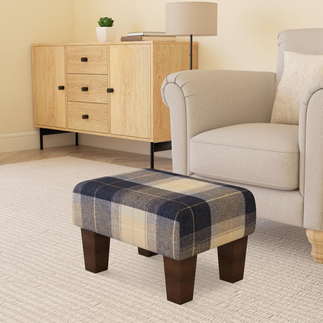 August Grove Tartan Material Large Footstools Tartan - Cream - Wood Contemporary Leg Mahogany/Navy Blue 27.5cm H X 45cm W X 45cm D