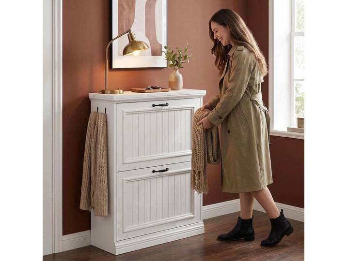 Meuble à chaussures étroit aspect bois pour entrée 2 tiroirs étagères réglables pour 8‑9 paires de chaussures