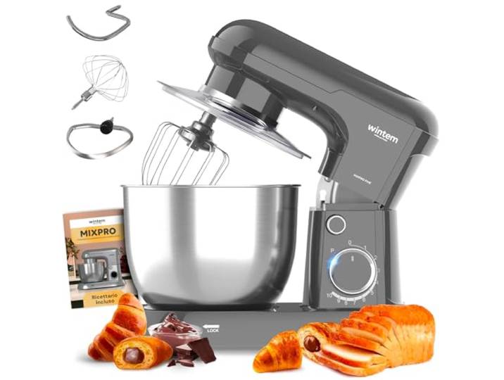 Avilia Küchenmaschine 1500W Planetenmixer Silber, Knetmaschine Leise Multifunktional mit Rezeptheft und Zubehör, 10 Stufen, Pulsfunktion, Edelstahlschüssel 5L