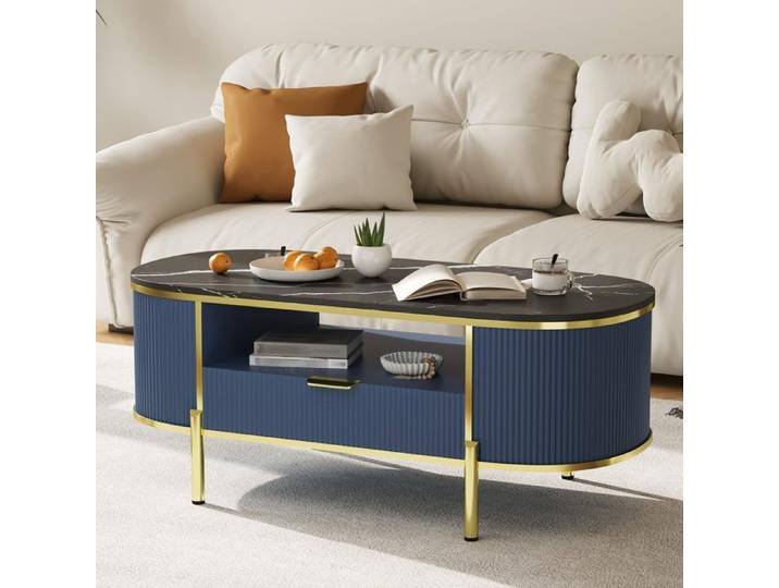 AFF Table Basse Ovale avec Tiroir et Étagère Plateau Effet Marbre Pieds en Métal Doré Table de Salon avec Rangement bleu