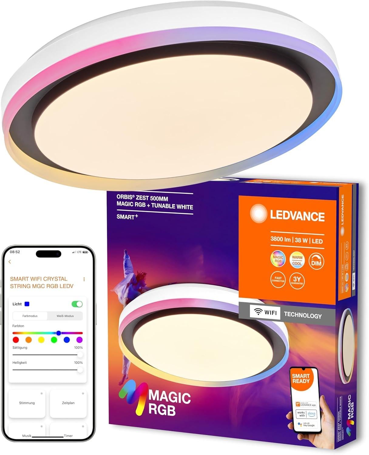 Ledvance Smart + WiFi LED-plafondlamp, wit/zwart, 32W, 3400lm, dimbaar