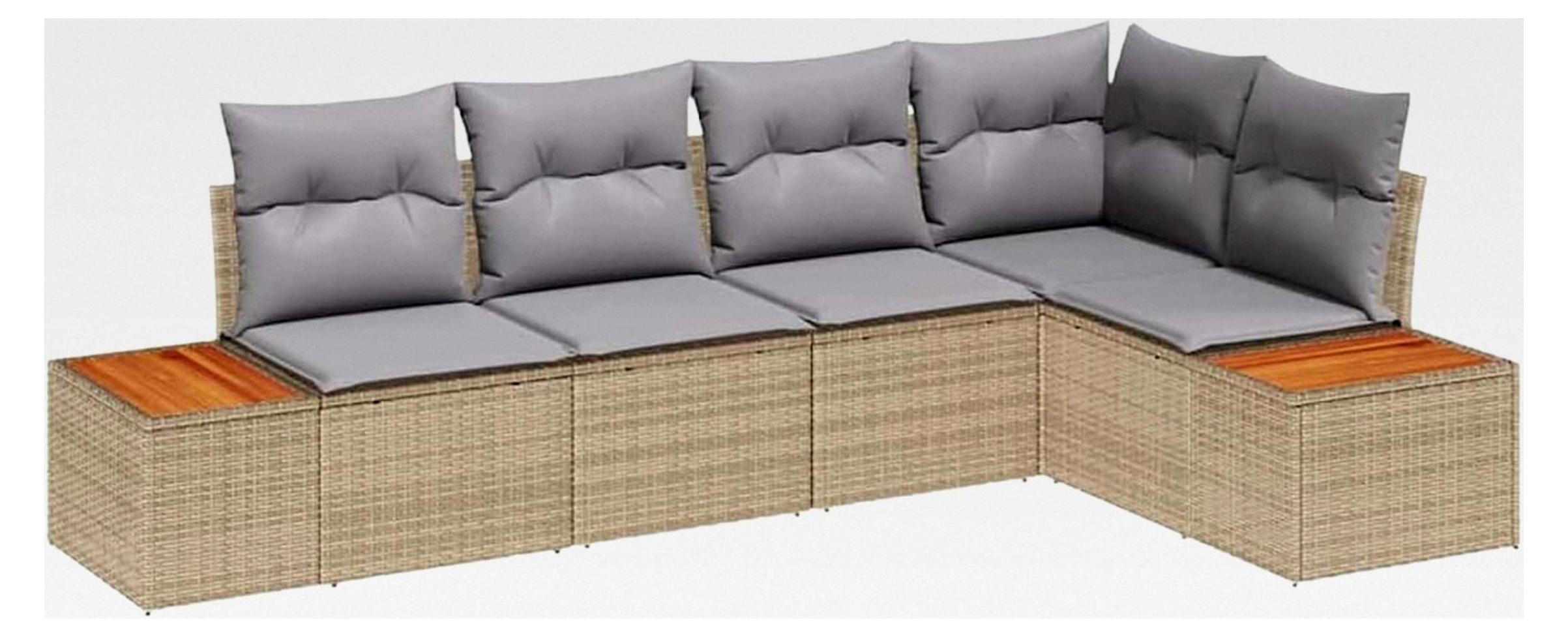 5-teiliges Garten-Sofa-Set mit Kissen Beige Poly Rattan Akazie Lounge Sofa Outdoor