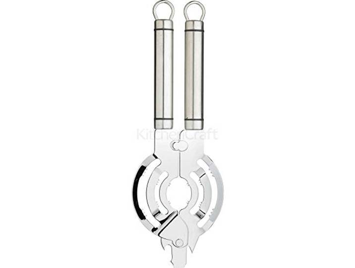 KitchenCraft Professionele Potten- en Flessenopener met Ringentrekker, Roestvrij Staal, Geschikt voor de meeste Deksels en Schroefdoppen, Zilver