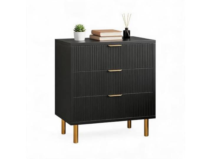 Litake Fluted 3-Schubladen-Kommode im Landhausstil mit goldenen Griffen Moderner 3-Schubladen Holznachttisch für Schlafzimmer, Wohnzimmer & Flur, Kommode mit Schubladen – Farbe: Schwarz 76×71×43 cm
