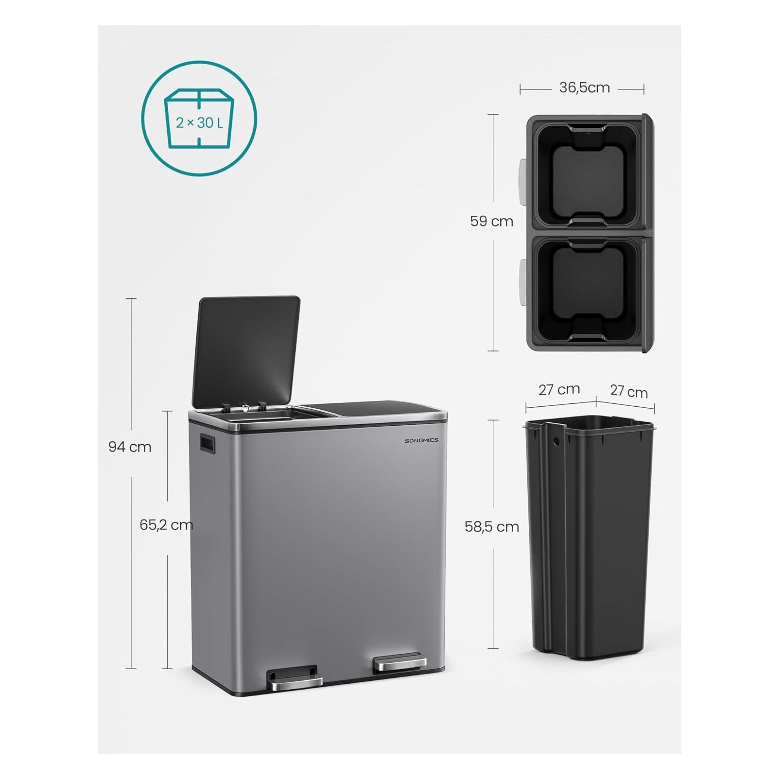 Songmics Treteimer 60L Mülltrennsystem Schiefergrau Metall (30 l) (LTB060GD03)
