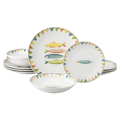 Teller-Set CREATABLE "Sardinhas, Geschirr-Set, 12-tlg.", bunt (pastell), 12, Steinzeug, Geschirr-Sets, Hochwertiges Steinzeug, Zentrales Sardinen-Motiv