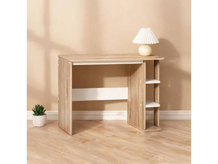 Bureau informatique beige-toné et blanc en bois 100x44x74 cm avec 3 étagères latérales