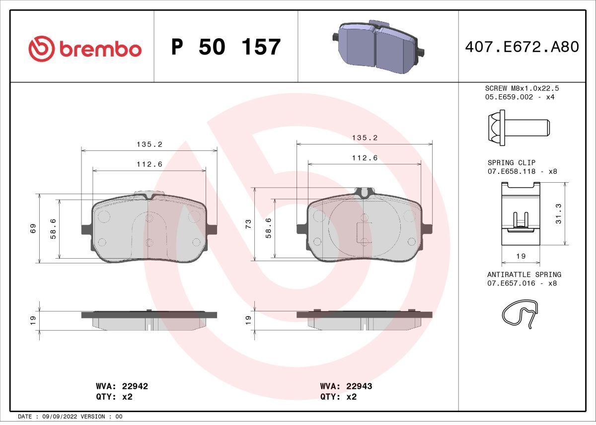 Jeu de plaquettes de frein BREMBO P 50 157