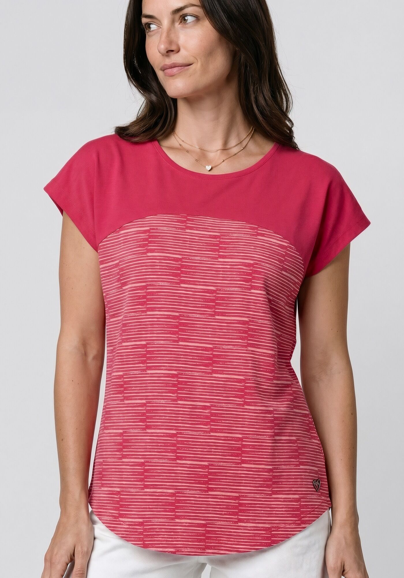 Rundhalsshirt ALIFE & KICKIN "FridaAK B", Damen, Gr. XXL (46), rosa (fuchsia stripes), Jersey, Obermaterial: 60% Baumwolle, 40% Polyester, gemustert, figurbetont normal, Rundhals, Shirts Rundhalsshirt, vielseitiges Basic-Shirt mit Herzaufnäher und rundem 